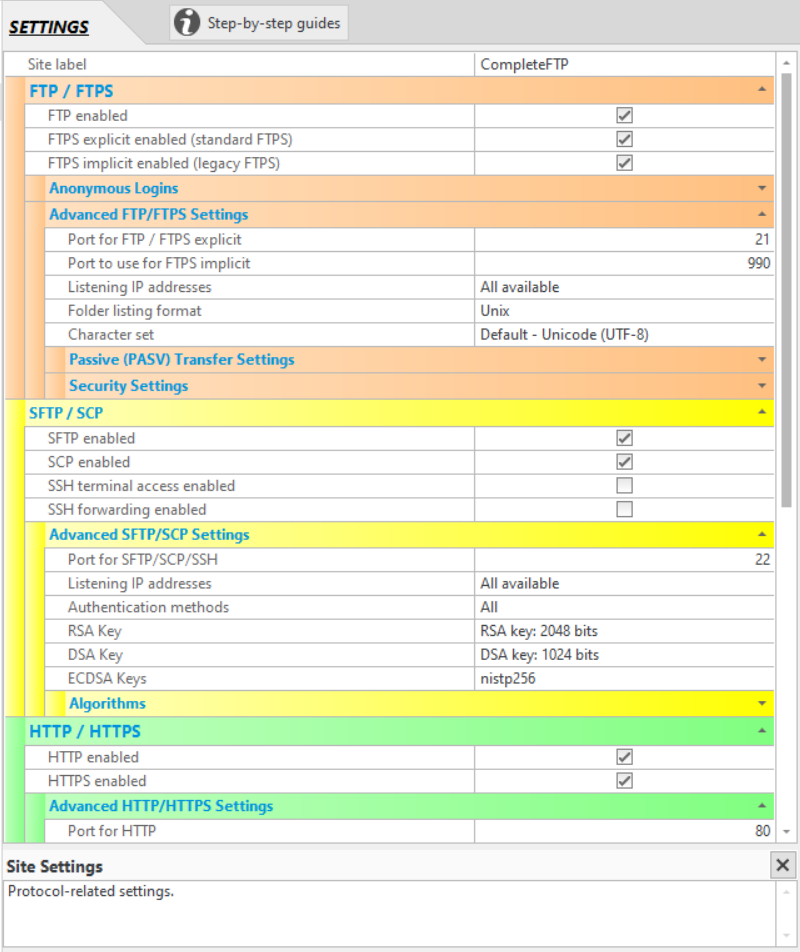 Settings panel